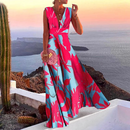 Women Elegant Long Dress Bohemian Boho Printed Sleeveless High Waist Beach Sundress V-Neck Large Swing Maxi Party Dress Vestidos