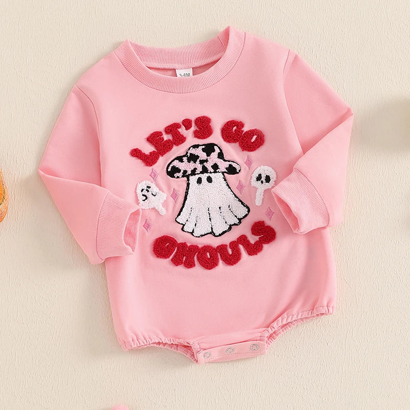 0-12M Baby Girls Halloween Rompers Letter Ghost Embroidered Patchwork Long Sleeve Round Neck Fall Cotton Bodysuits Jumpsuits