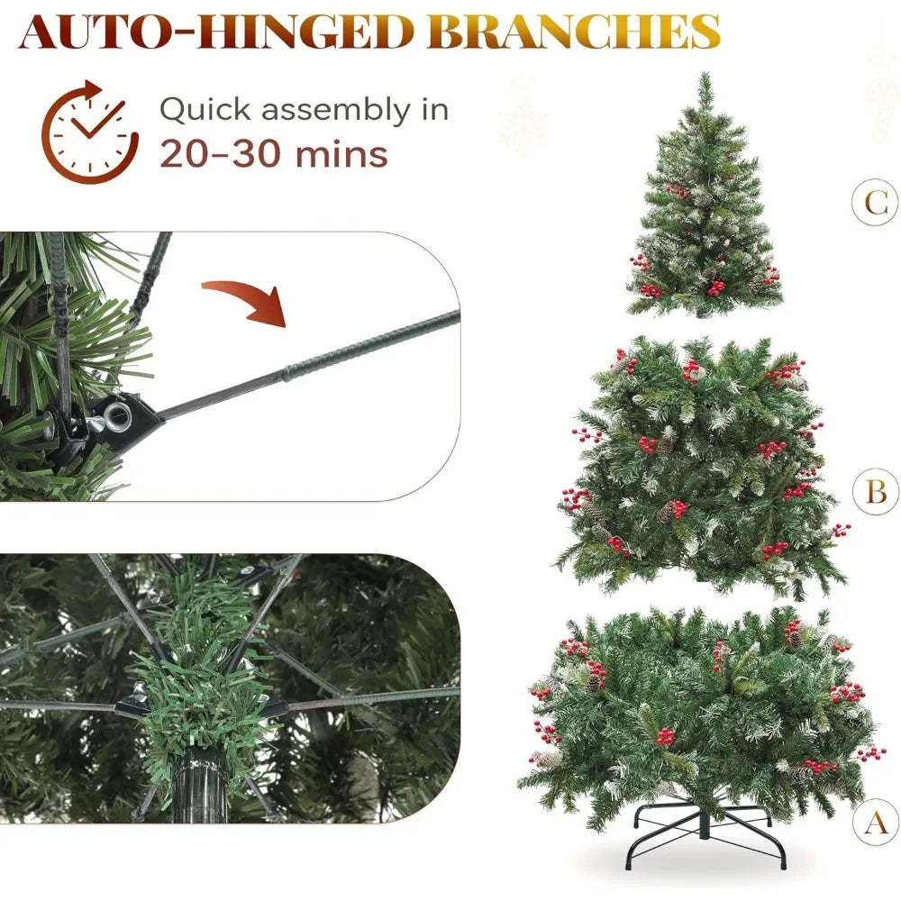 Christmas 6FT Christmas Tree, 818 Plush Frosted Tips, 250 Lights, 58 Pine Cones and 58 Red Berries, Suitable for Holiday Parties