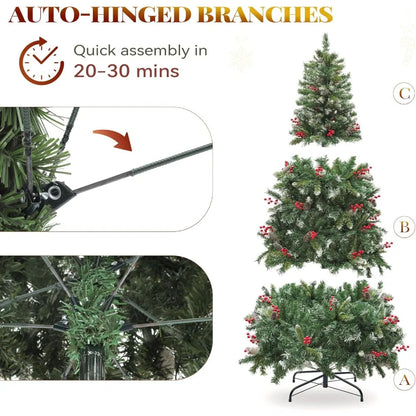 Christmas 6FT Christmas Tree, 818 Plush Frosted Tips, 250 Lights, 58 Pine Cones and 58 Red Berries, Suitable for Holiday Parties