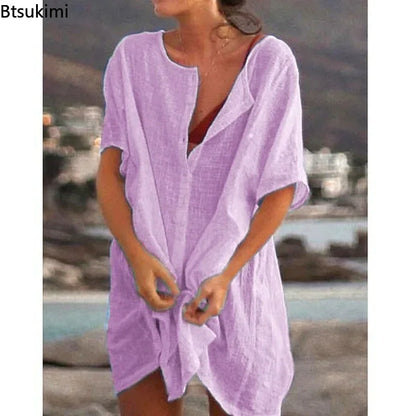 2024 Women's Cotton Linen Beach Dress Solid Summer Casual Cover-ups Midi Dresses Soft Loose Tunics Female Shirt Dress Robe S-5XL