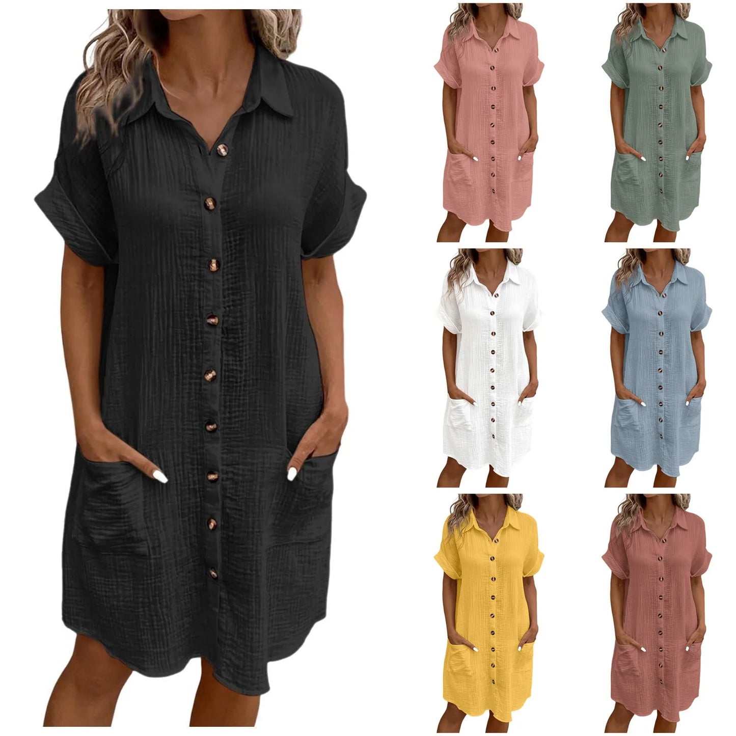 Women'S Fashion Summer Minimalist V-Neck Button Up Dress Woman Cotton Linen White Short Sleeved Pocket Casual Loose Shirt Dress