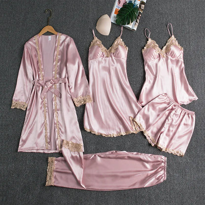 Female 5PCS Pajamas Set Spring Summer Silk Satin Sleepwear Pyjama Pour Femme Sleepwear Sexy Loose Lace Lounge Wear Pijamas Suit