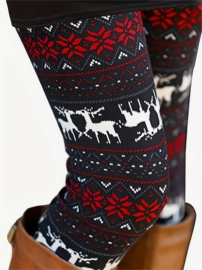 Christmas Elk & Snowflake Print Skinny Leggings  Vintage High Waist Stretchy Leggings Women's Clothing