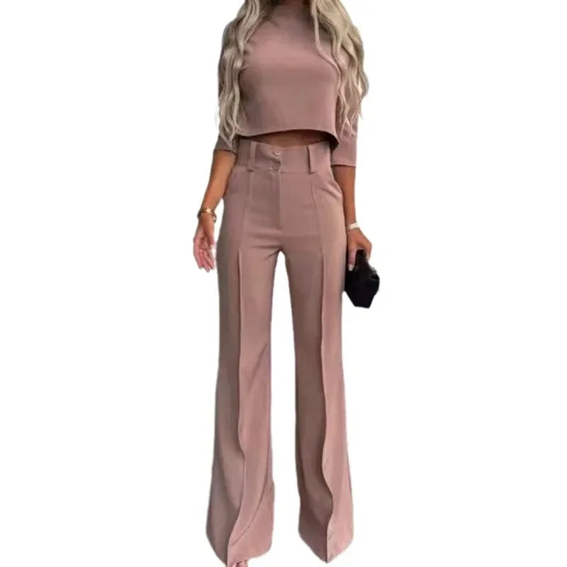 Autumn Winter New Arrivals Women's Clothing Fashion Temperament Pure Color Slim Waist Wide Leg Leisure Two-Piece Set