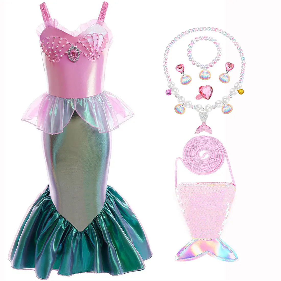 Disney Halloween Festival Mermaid Ariel Cosplay Dress for Girl Christmas Carnival Pink Pearl Inlay Clothing Ball Gown Dress Suit