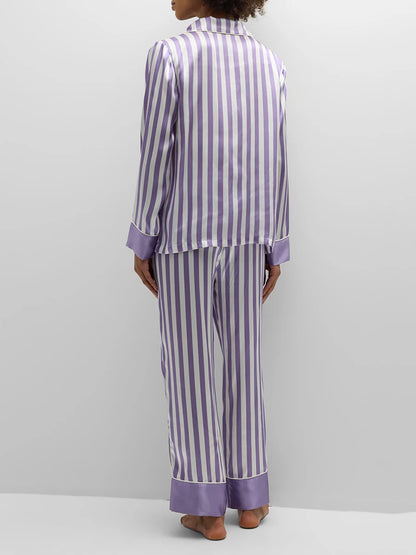 Women Striped Pajama Set Elegant Long Sleeve Top with Pants Sleepwear Loungewear