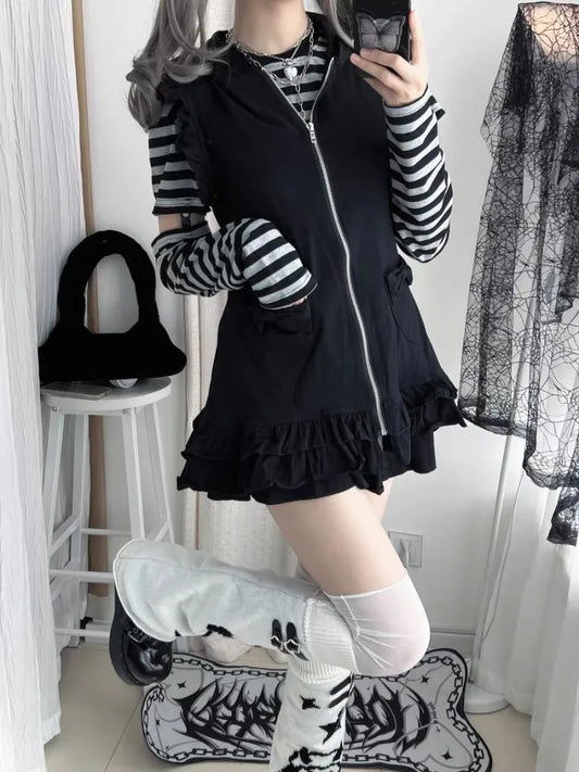 Vintage Striped Patchwork Sleeve T-shirt for Women+ Cute Cat Ear Hooded Sleeveless Jackets Early Autumn New Two Piece Sets