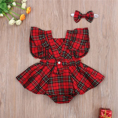 0-24months Baby Girls Christmas Bodysuit Red Plaid Fly Sleeve Ruffles Tutu Romper Dress+Bow Headband Infant Girls Xmas Playsuit