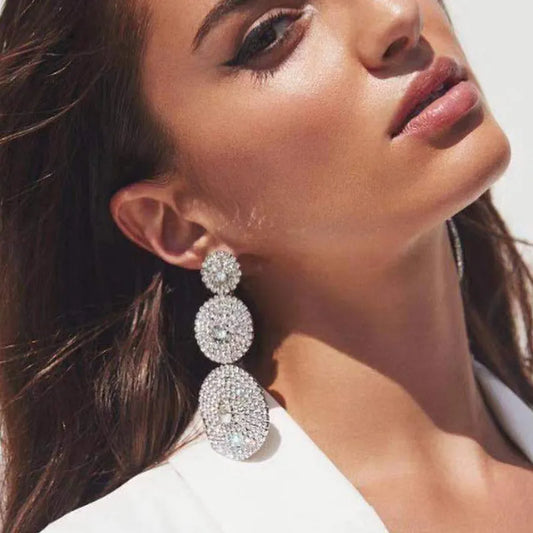 European Exaggerated Multi-layer Round Drop Earrings Women Shiny Rhinestone Geometric Dangle Earrings Party Jewelry Gifts