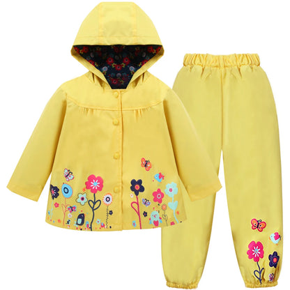 Autumn Spring Children Waterproof Long Sleeve Coat+Pants 2pcs Flower Print Baby Girls Clothes Toddler Boys Children Sets Costume