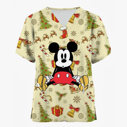 Disney Mickey Mouse Minnie print Christmas Scrub Tops Women Dentist Work Uniform Nurse Scrub Uniforms Medicals Dental Hospital