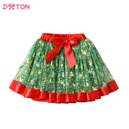 DXTON Girls Christmas Skirt Tutu Mesh Tulle Party Princess Skirt Children Red Mini Skirt With Bow Knot Kids Outfit New Year Gift