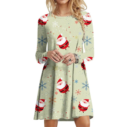 Winter Party Christmas Tree Dress Elegant Women X-Mas Snowflake Print A-Line Dress Autumn Casual Long Sleeve Oversized Clothing