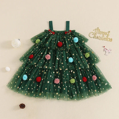 Cute Christmas Kids Girl Mesh Lace Dress Print Sleeveless Layered Tulle Dress Plush Ball Hat Xmas Costume Clothes