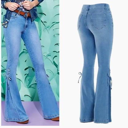 Fashion High Waist Flared Jeans Women Bow Boot Cut Casual Lady Lace Up Trousers Cowgirl Vintage Blue Bell Bottom Denim Pants Y2k