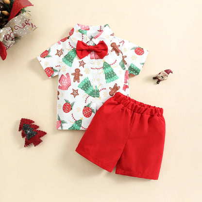 Toddler Boys Christmas Outfits Gentleman Sets For Kids Short Sleeve Deer Shirt and Red Shorts New Year Costume For Children Baby