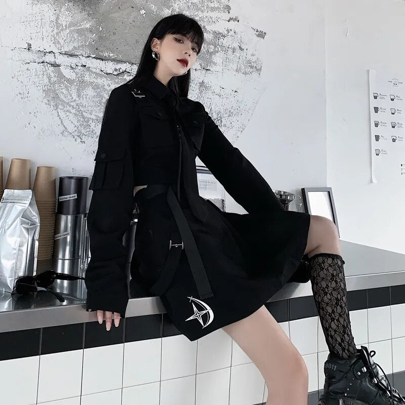 EMO Gothic Cargo Shirt Suit E Punk Chain Ribbon Skirts Goth Dress Autumn Streetwear Harajuku Black Grunge Aesthetic Clothes