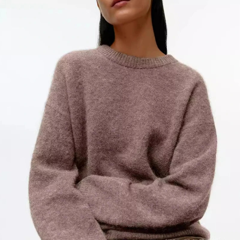 Lazy Style Pullover Sweater for Women, Loose and Thick Round Neck Knitted Sweater for Autumn and Winter 2024