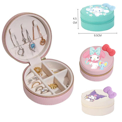 Sanrios Cinnamoroll Kuromi Mymelody round Jewelry Storage Box PU Leather Earrings Necklace Ring Jewelry Organizer Container Gift