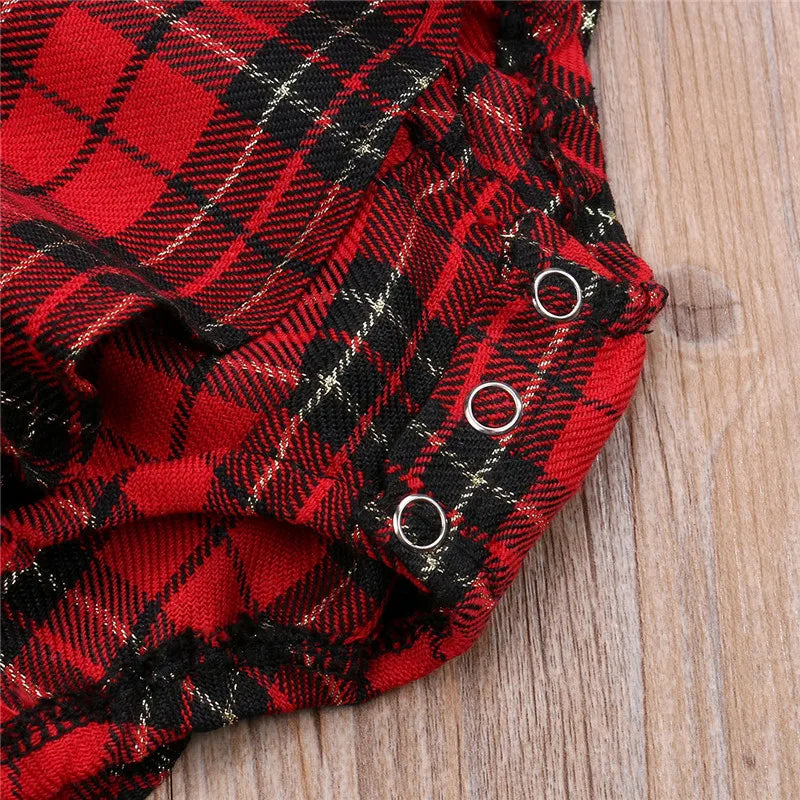 0-24months Baby Girls Christmas Bodysuit Red Plaid Fly Sleeve Ruffles Tutu Romper Dress+Bow Headband Infant Girls Xmas Playsuit