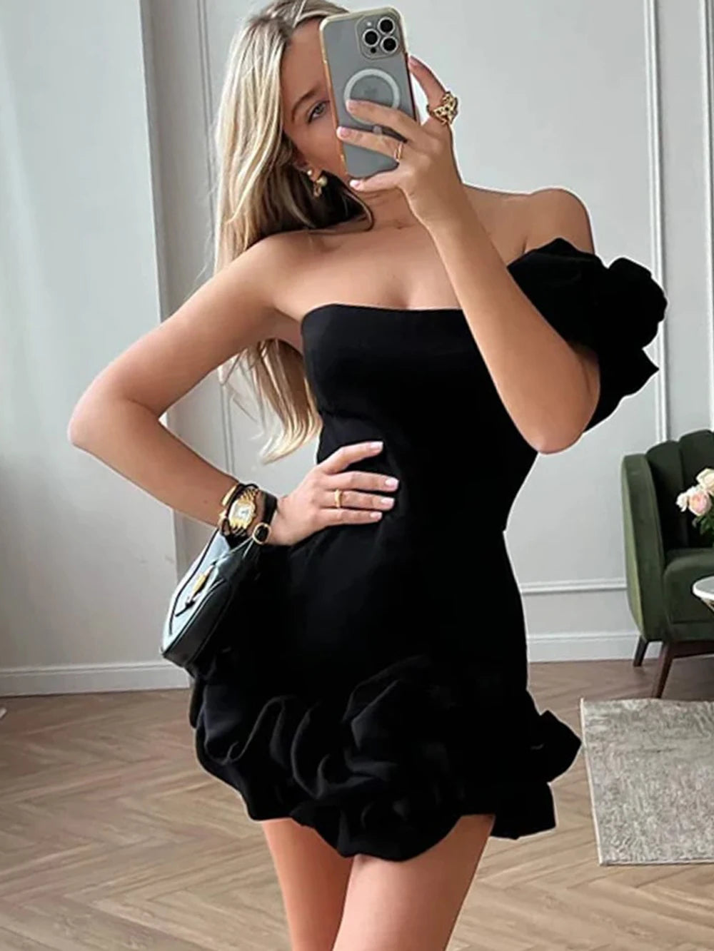 Modphy 2024 Black Pink Mini Dress Women Sexy One Shoulder Sleeveless Slim Ruffled Ruched Design High Street Wear Female Clothes