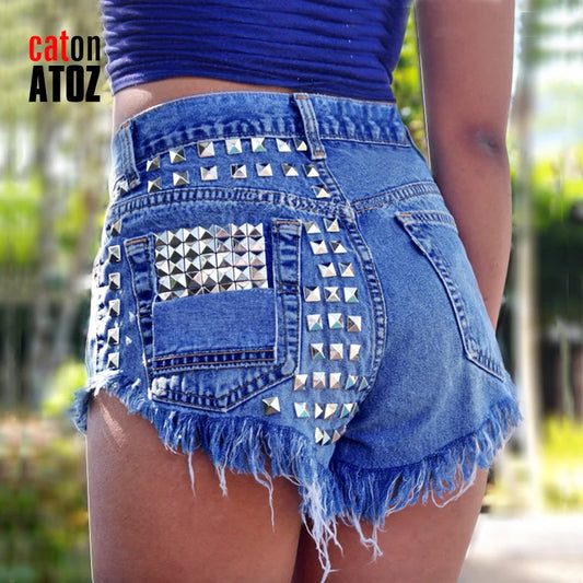 catonATOZ 1993 Women's  Fashion Brand Vintage Tassel Rivet Ripped High Waisted Short Jeans Punk Sexy Hot Woman Denim Shorts