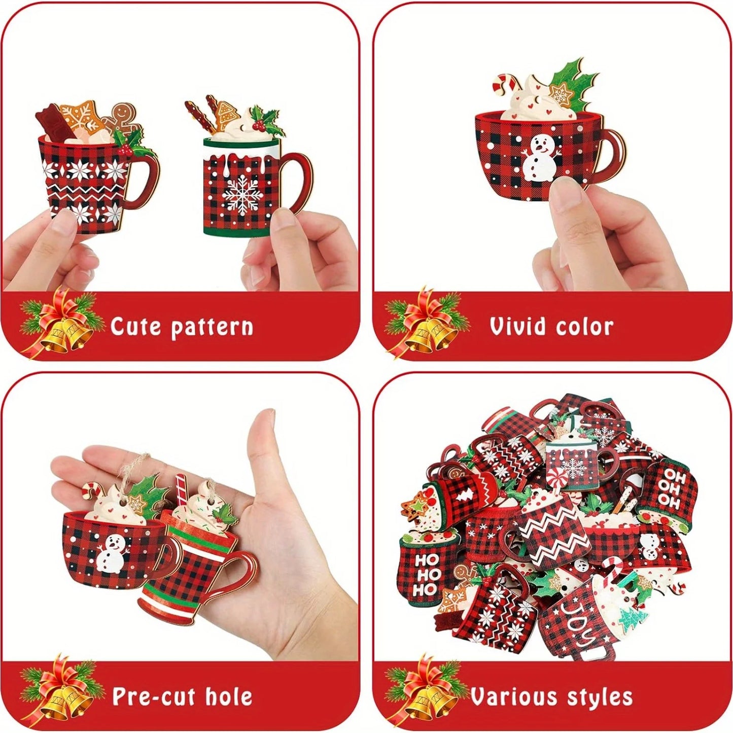 24pcs, Christmas Hot Cocoa Cup Shape, Plaid, Snowflake, Snowman, Evergreen Tree Pattern Christmas Wooden Hanging Ornaments Gift