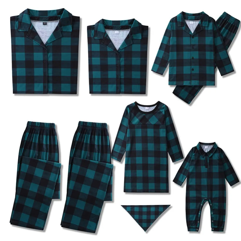 2024 Cosy Green Plaid Family Matching Christmas Pajamas Sets Cute Holiday Outfits for Kids & Parents Family Matching Clothes