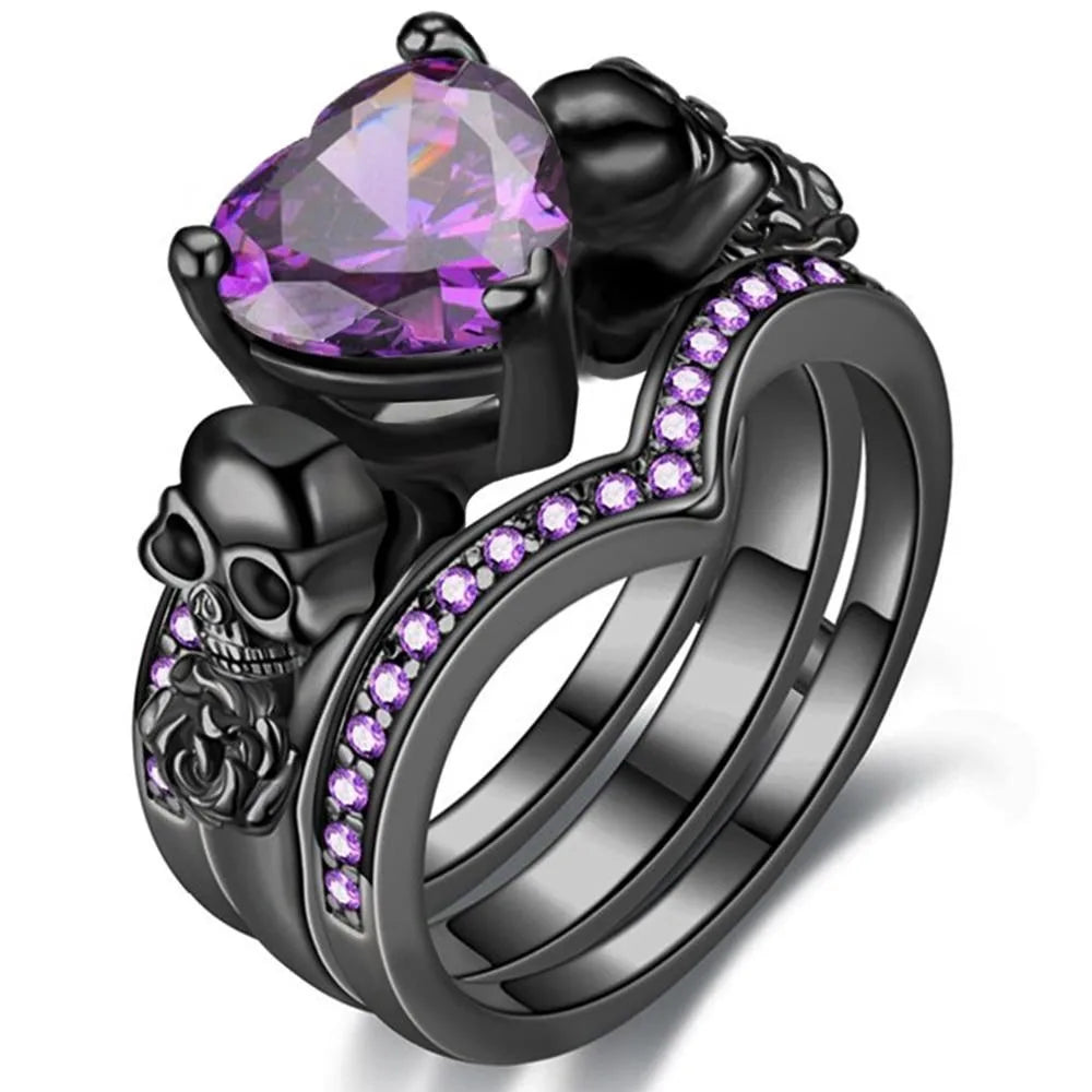 Gothic Skull Black Rings Set Women Rose Flower Red Purple Heart Zircon Crystal Christmas Anniversary Party Biker Jewelry