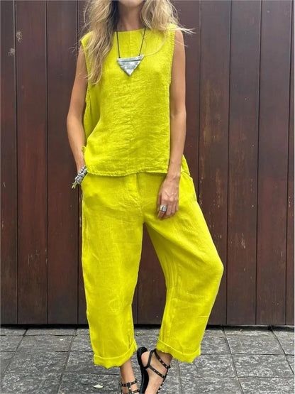 Summer Cotton And Linen Casual Outfits Female Fashion Solid Color Two-piece Set For Women Sleeveless Top Trousers Women's Suit