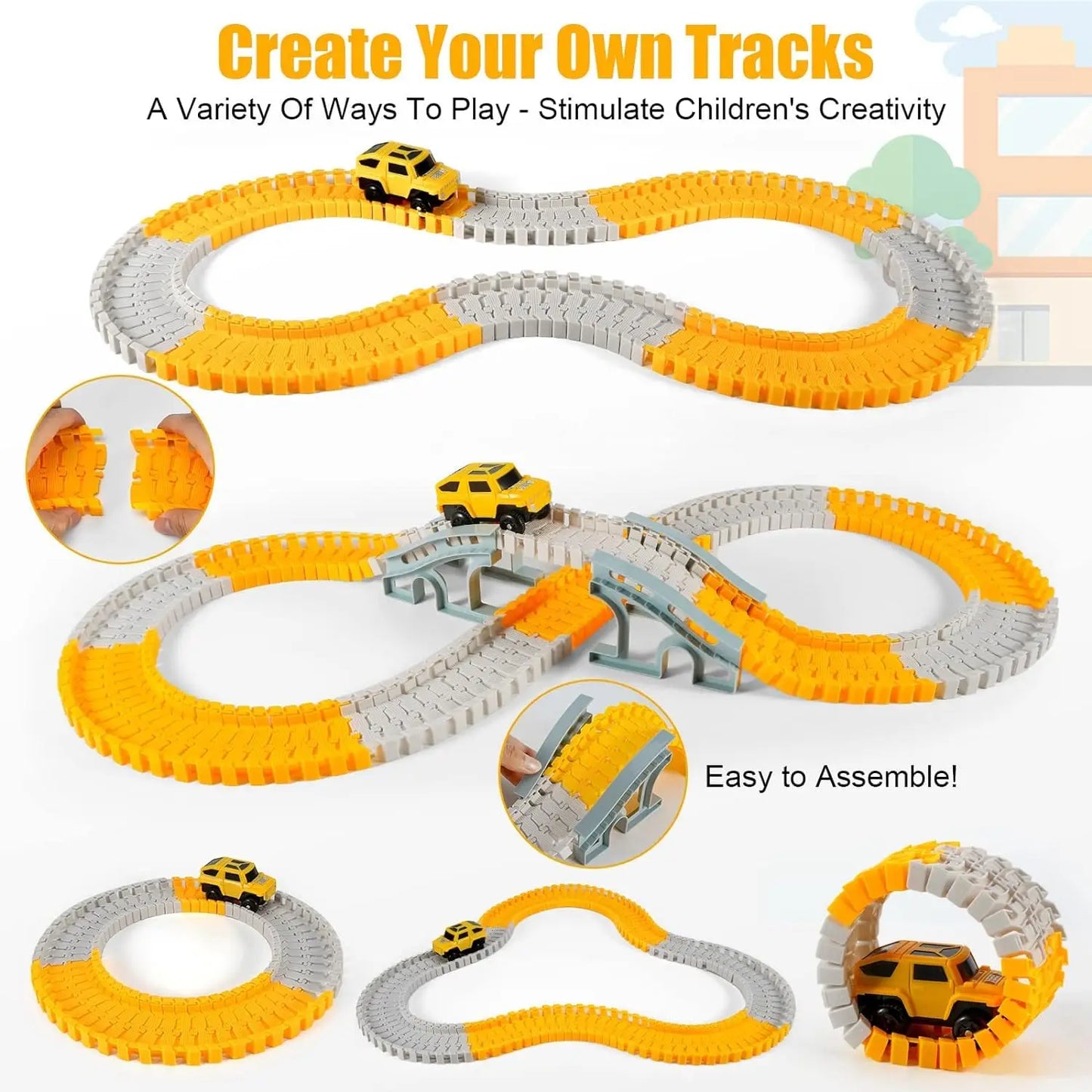 260 PCS Construction Race Tracks for Kids Toys, 2 Electric Cars, 4 Construction Cars, 1 Map & Flexible DIY Track Set for 3+ kids