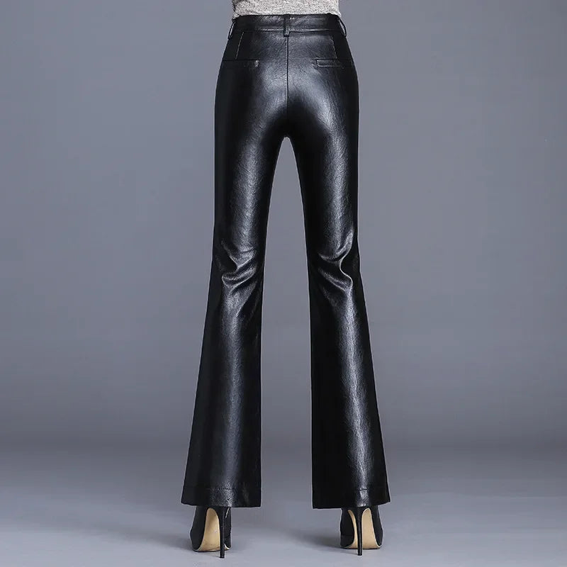 Women Leather Pants High Waist Flared Pants Slim Fit Side Pockets Solid Color Casual Party Fall Trousers Spring Autumn T627