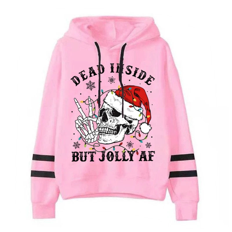 Oversized Hoodie Dead Inside But Jolly Af Christmas Skeleton with Xmas Lights Print Women Hoodies Vintage Aesthetic Sweatshirts