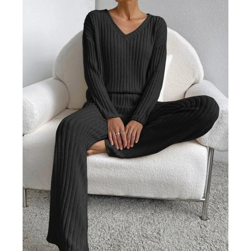 Women's Pajamas Home Wear Autumn Winter Casual Straight Pants Rib Pullover Sleepwear Loose V Neck Knitted Two Piece Loungewear