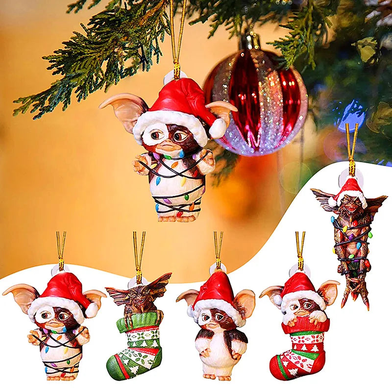 New Christmas Gremlins Ornament 2D Fairy Santa Hat Gizmo Figurine Hanging Pendant Decor Christmas Tree Party Decor