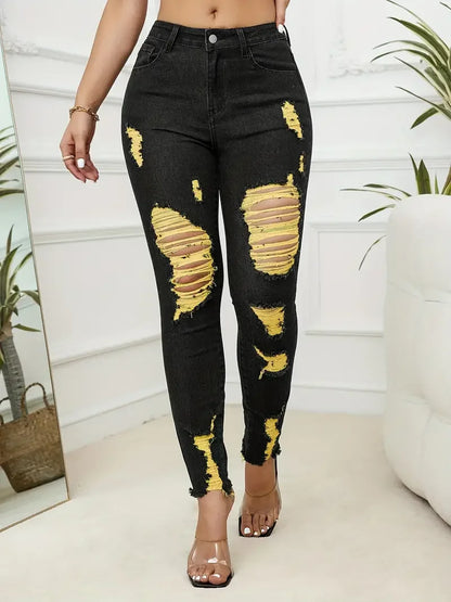 2024 Summer New Women's Ripped Jeans Fashionable High Stretch Skinny Denim Pencil Pants Slim Comfortable Knit Jeans S-2XL