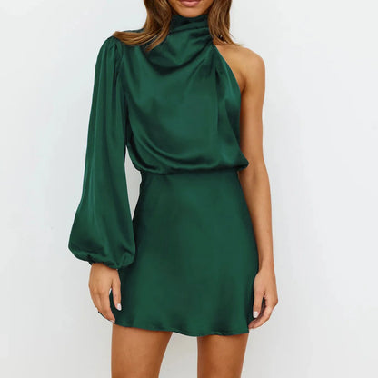 Elegant One Shoulder Satin Short Dresses Ladies Turtleneck Slim Pencil Mini Dress Solid Evening Party Dress Sexy Formal Dress