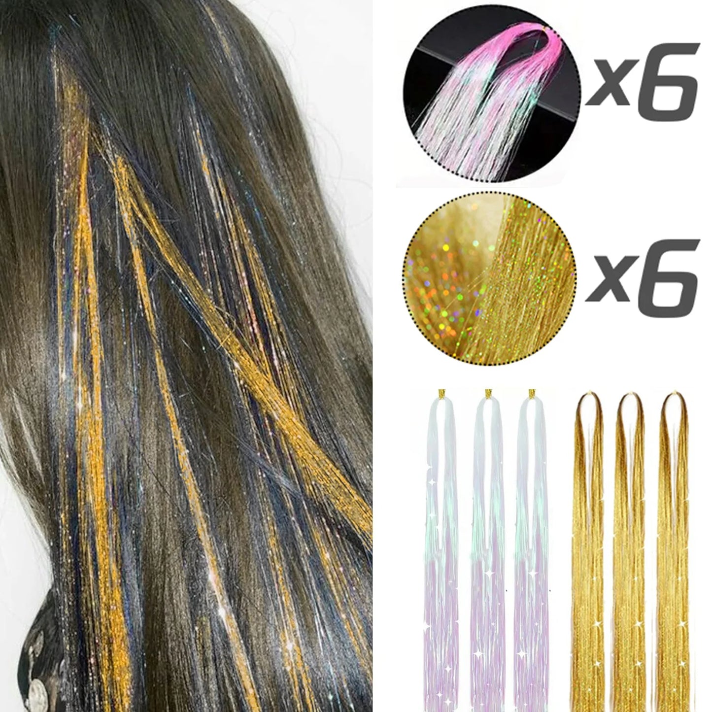 Tinsel Hair Extension 12pcs Glitter Sparkling Shinny Fairy Hair Accessories for Women and Girls for Christmas New Year Halloween