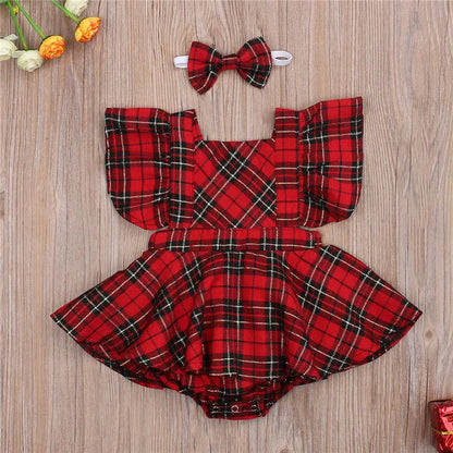 0-24months Baby Girls Christmas Bodysuit Red Plaid Fly Sleeve Ruffles Tutu Romper Dress+Bow Headband Infant Girls Xmas Playsuit