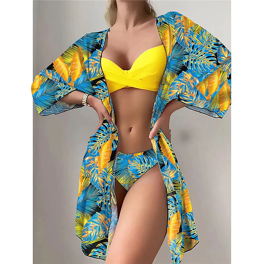 Three Pieces Bikini Set Cover Up Women New Push Up Twist Swimsuit Print Long Sleeve Swimwear Biquini Bathing Suit Summer