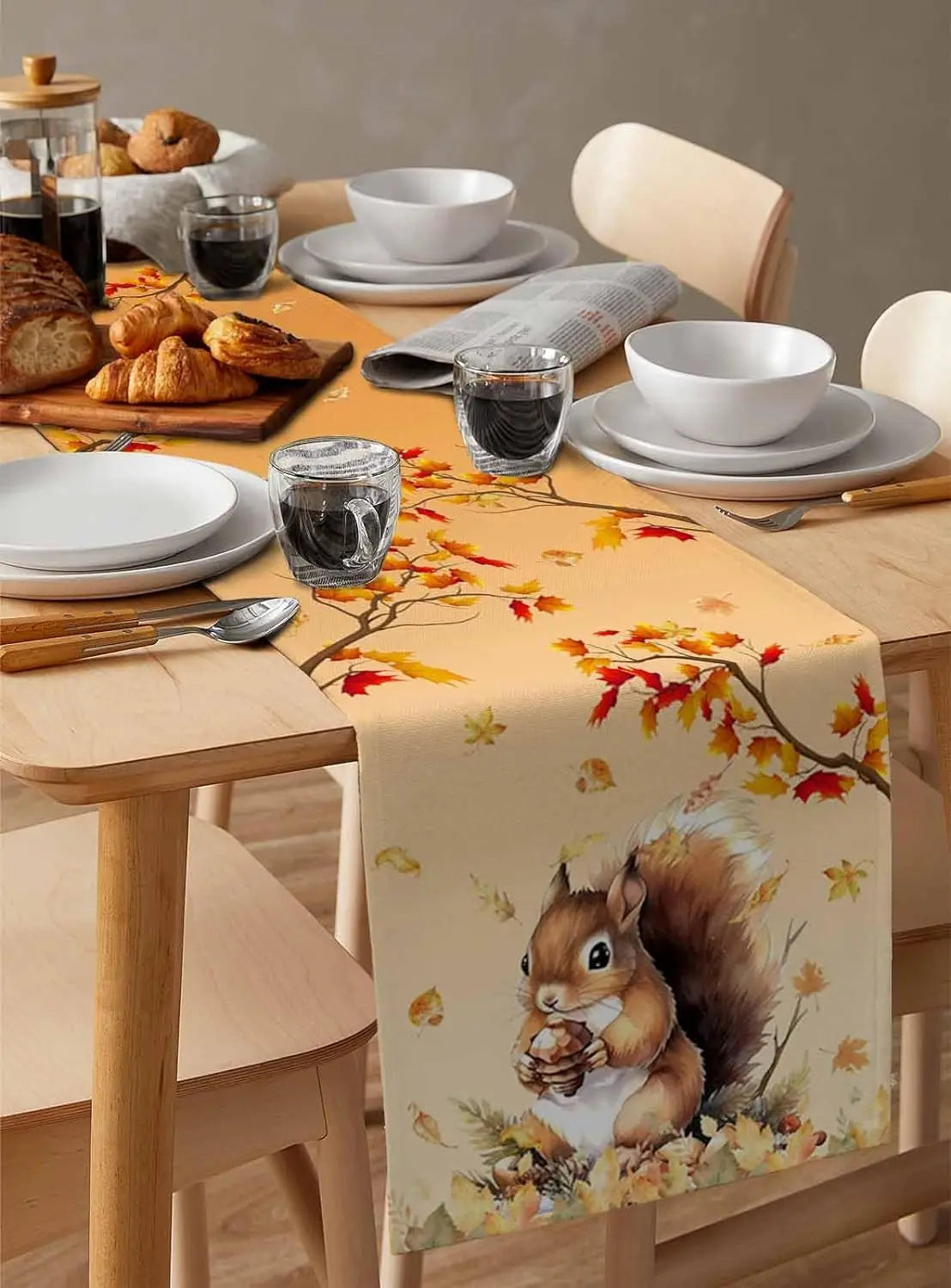 Autumn Squirrel Maple Leaves Printed Linen Table Runners Thanksgiving Fall Season Dresser Scarf Table Decor Holiday Party Decor