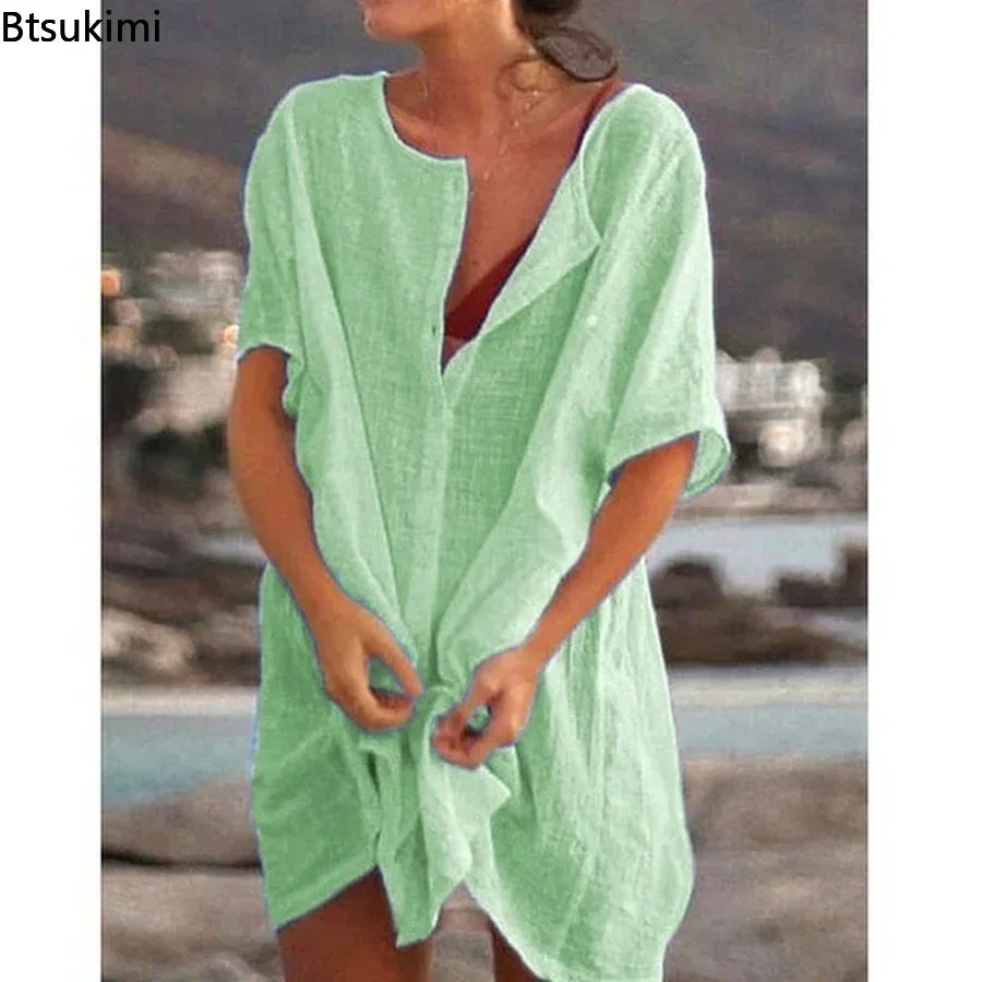 2024 Women's Cotton Linen Beach Dress Solid Summer Casual Cover-ups Midi Dresses Soft Loose Tunics Female Shirt Dress Robe S-5XL