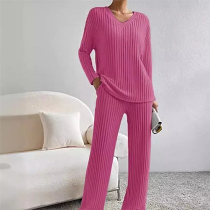 Women's Pajamas Home Wear Autumn Winter Casual Straight Pants Rib Pullover Sleepwear Loose V Neck Knitted Two Piece Loungewear