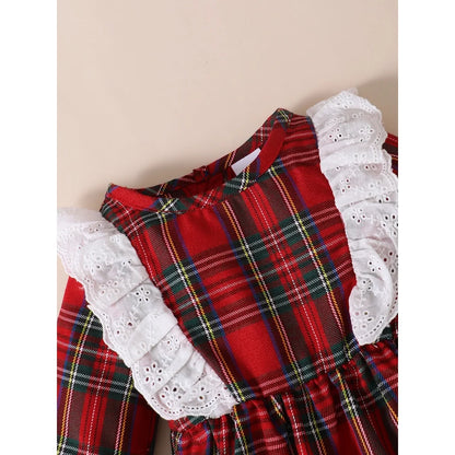 Christmas Party Dress for 0-3 Years Baby Girl Back Single-breasted White Lace Red Plaid Round Neck Waist Long Sleeve Dress