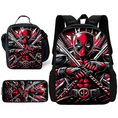 Child Schoo Deadpools Super Heroes Backpack with Lunch Bags ,Pencil Bags ,School Bags for Boys Girls Best Gift