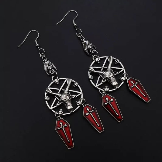 Vintage Goth Gothic punk ancient silver colour pentagram antelope skull coffin cross earrings Aesthetic Grunge y2k Jewelry