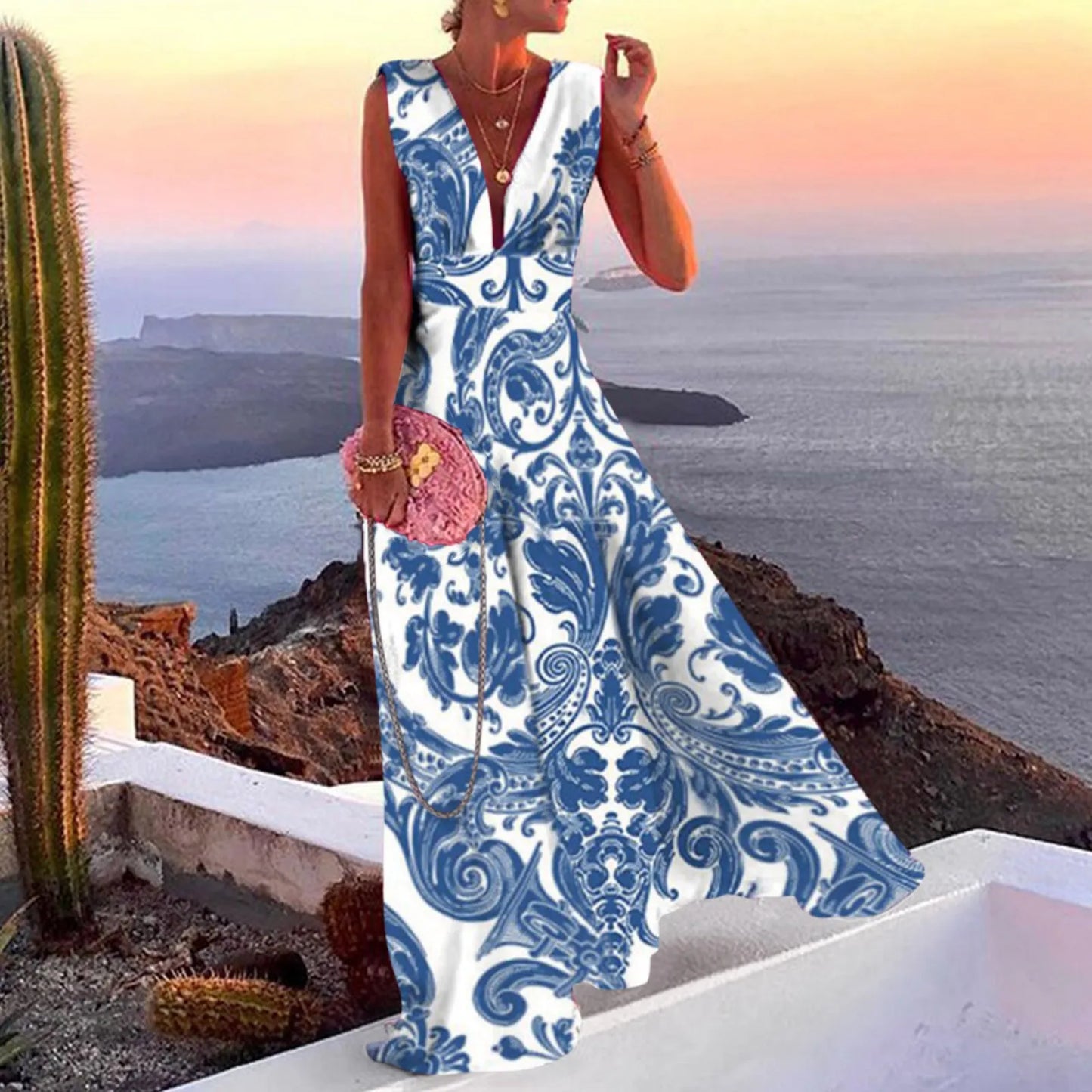 Women Elegant Long Dress Bohemian Boho Printed Sleeveless High Waist Beach Sundress V-Neck Large Swing Maxi Party Dress Vestidos