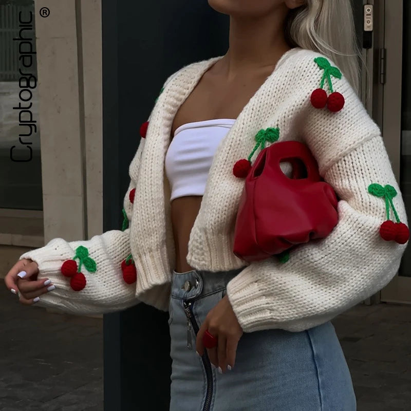 Cryptographic Fall Winter Knitted Cherry Sweaters Cardigan Long Sleeve Top Christmas Sweet Fairy Grunge Sweater Streetwear