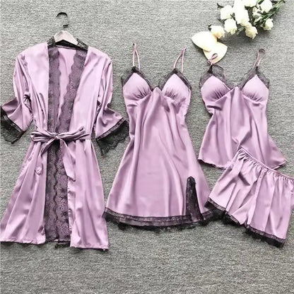 4PCS Sleepwear Pajamas Set Silk Women Nightdress Lace Dress Robe Sleep Nightwear Silk Solid Color Pijama Sets